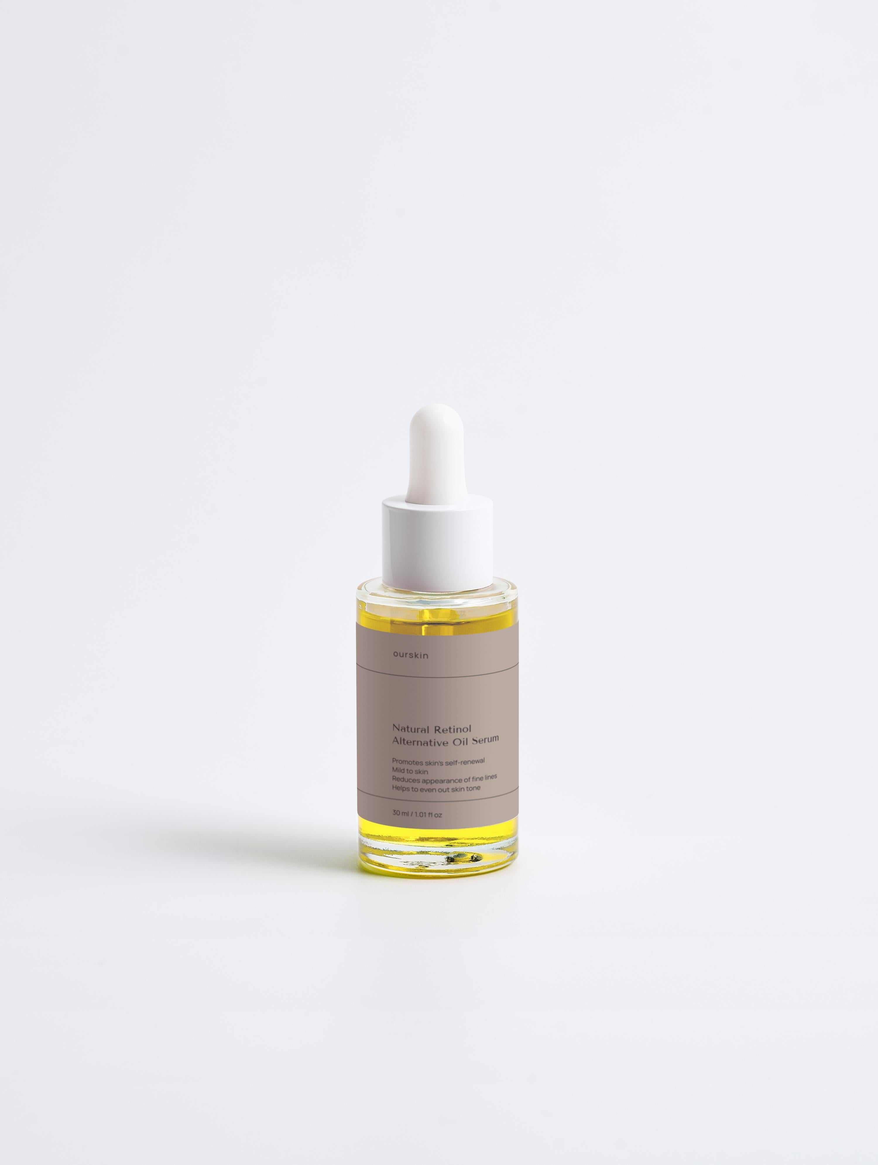 Natural retinol alternative oil serum bottle with botanical ingredients for anti-aging skincare