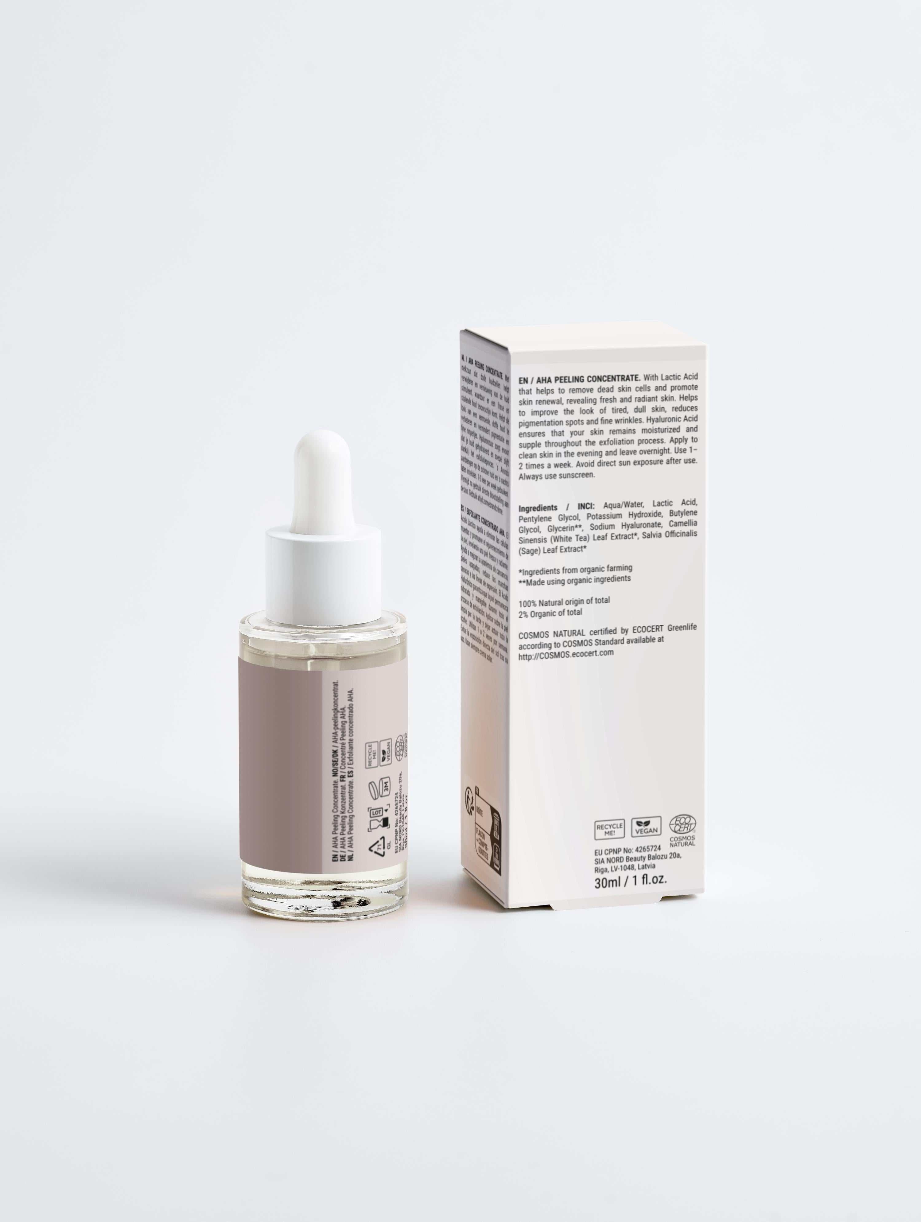 AHA Peeling Concentrate bottle with key ingredients and benefits for skin exfoliation and hydration