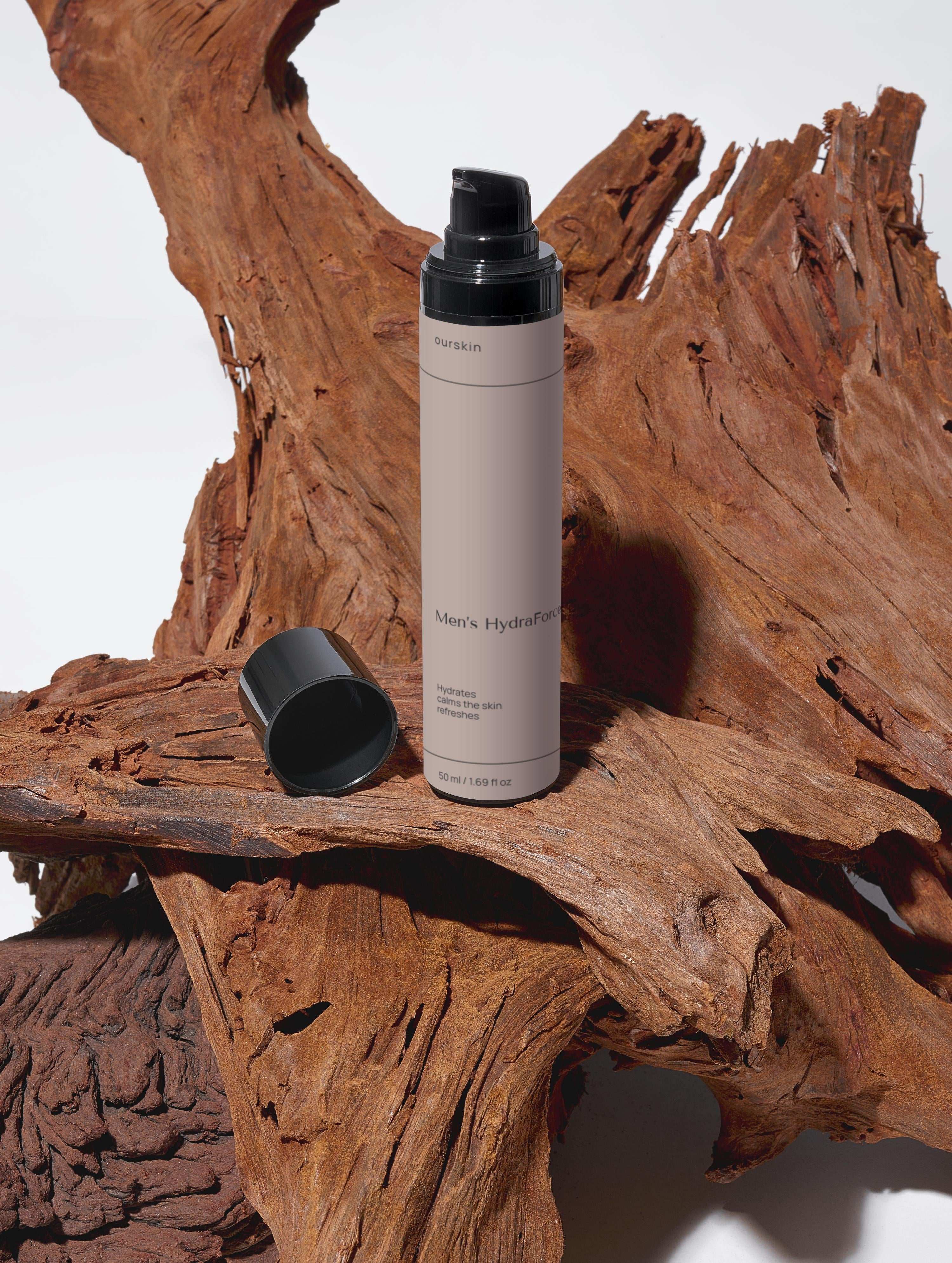 Men’s HydraForce Face Cream tube with natural ingredients for hydration and post-shave care