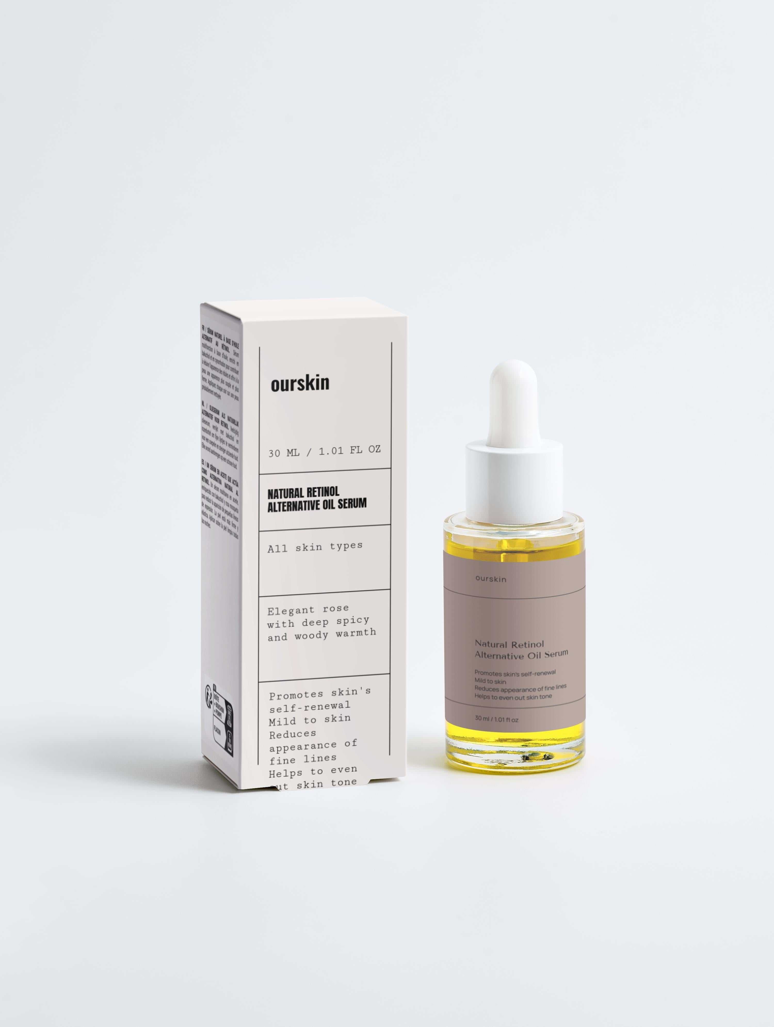 Bottle of natural retinol alternative oil serum with botanical ingredients on wooden surface