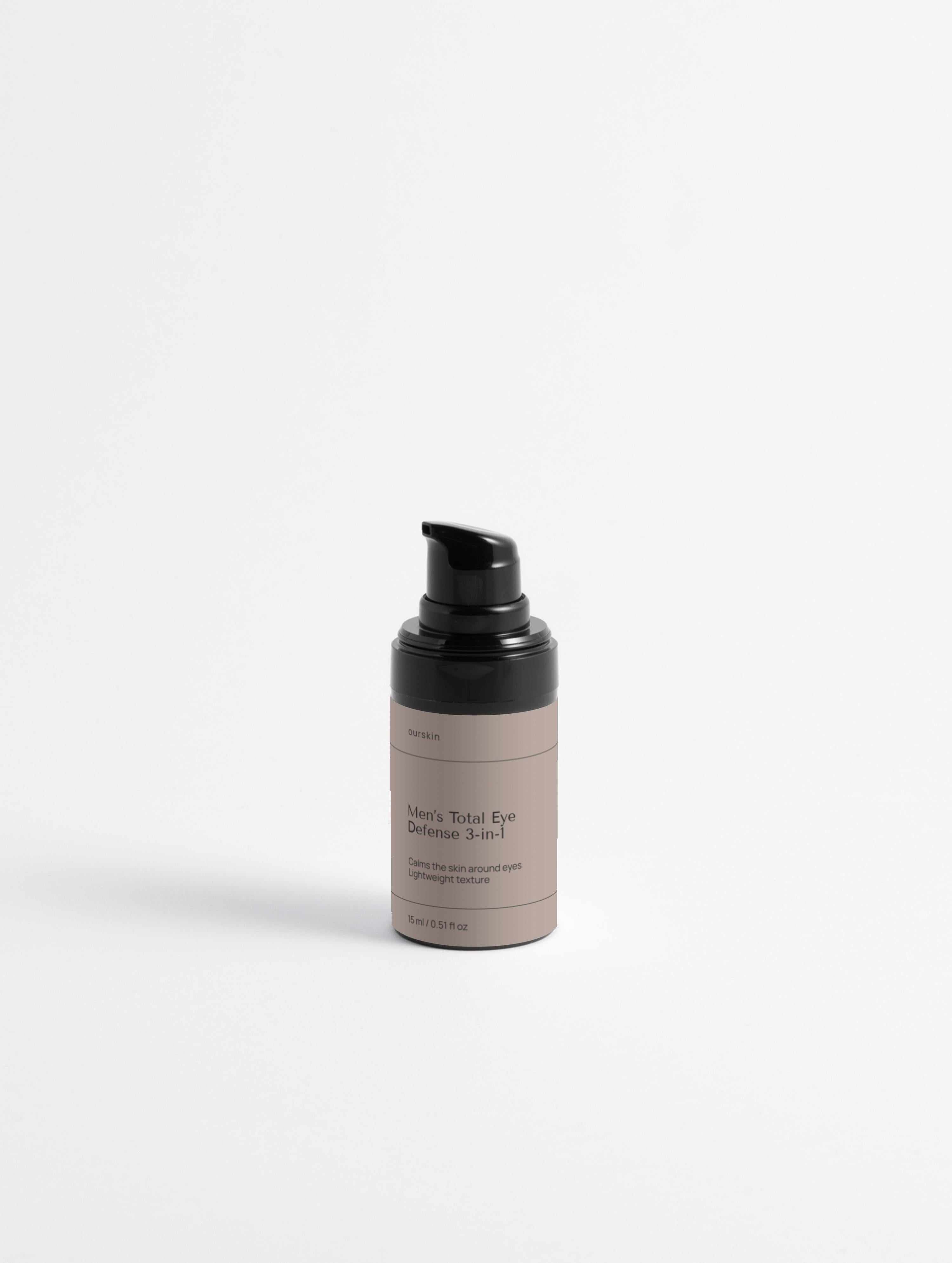 Men’s Total Eye Defense 3-in-1 eye cream tube with product box highlighting hydration, dark circle reduction, and anti-puffiness benefits for men’s skincare