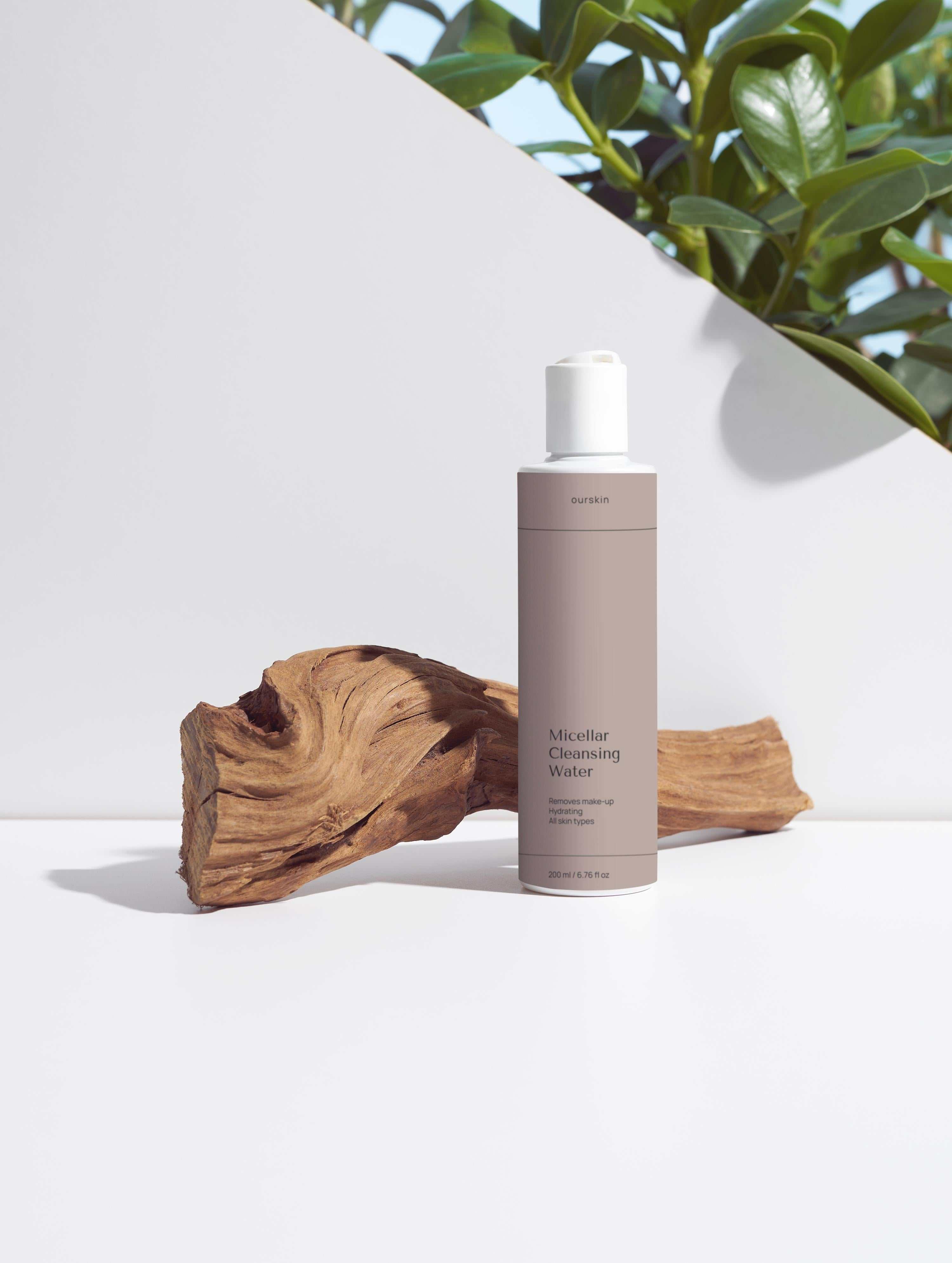 Bottle of Micellar Cleansing Water with hyaluronic acid and chamomile extracts for gentle makeup removal and hydration