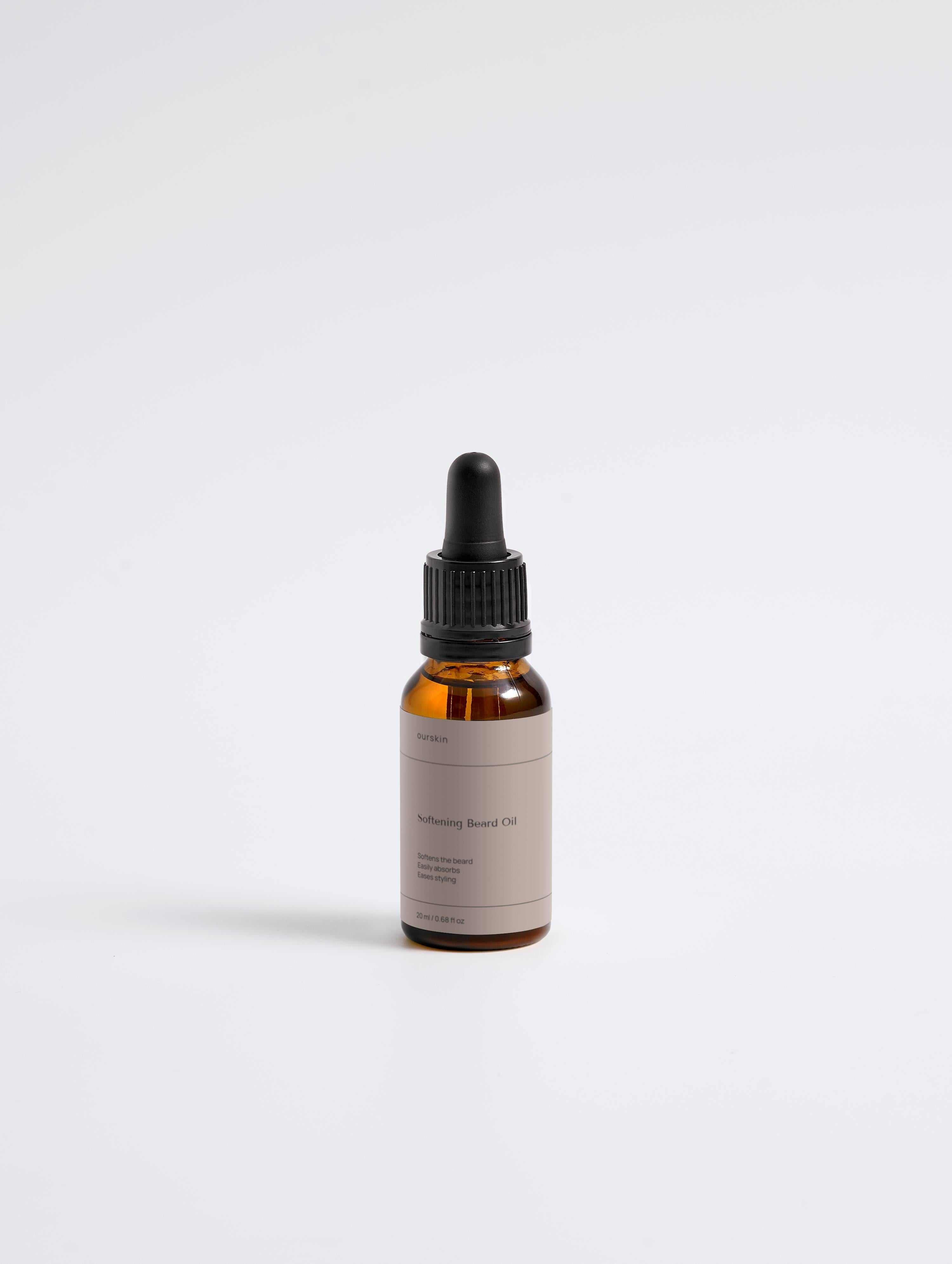 Bottle of softening beard oil with hemp seed and CBD for smooth, manageable beard care
